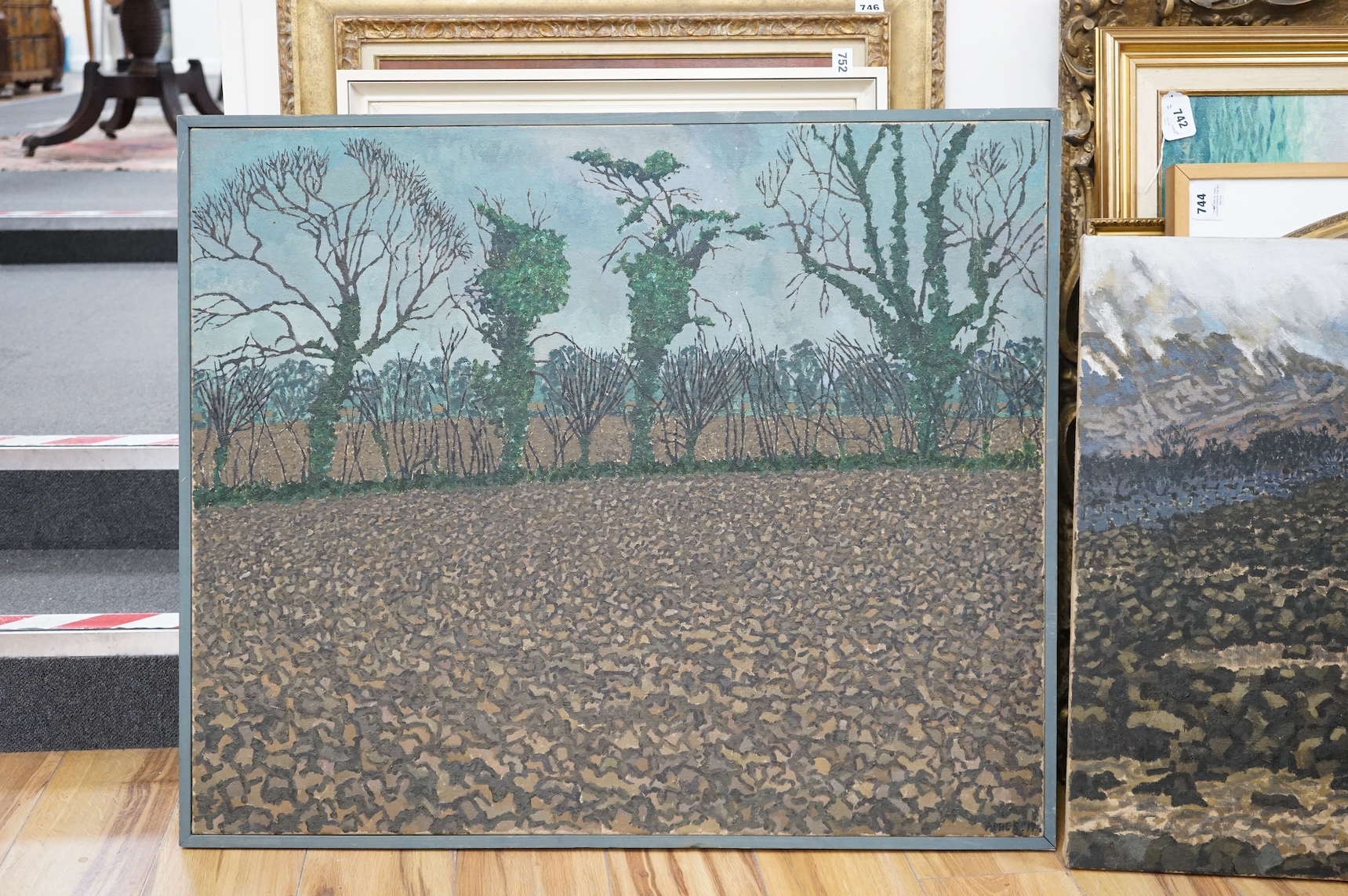 Anthony Amies (1945-2000), Rocky coastal view and hedgerow, each signed and dated '79 and '80, two oils on canvas, largest 76 x 92cm, one framed